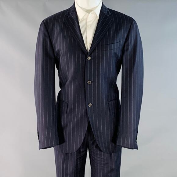 POLO by RALPH LAUREN Size L Regular Navy Grey Pinstripe Virgin Wool Suit - Picture 1 of 16